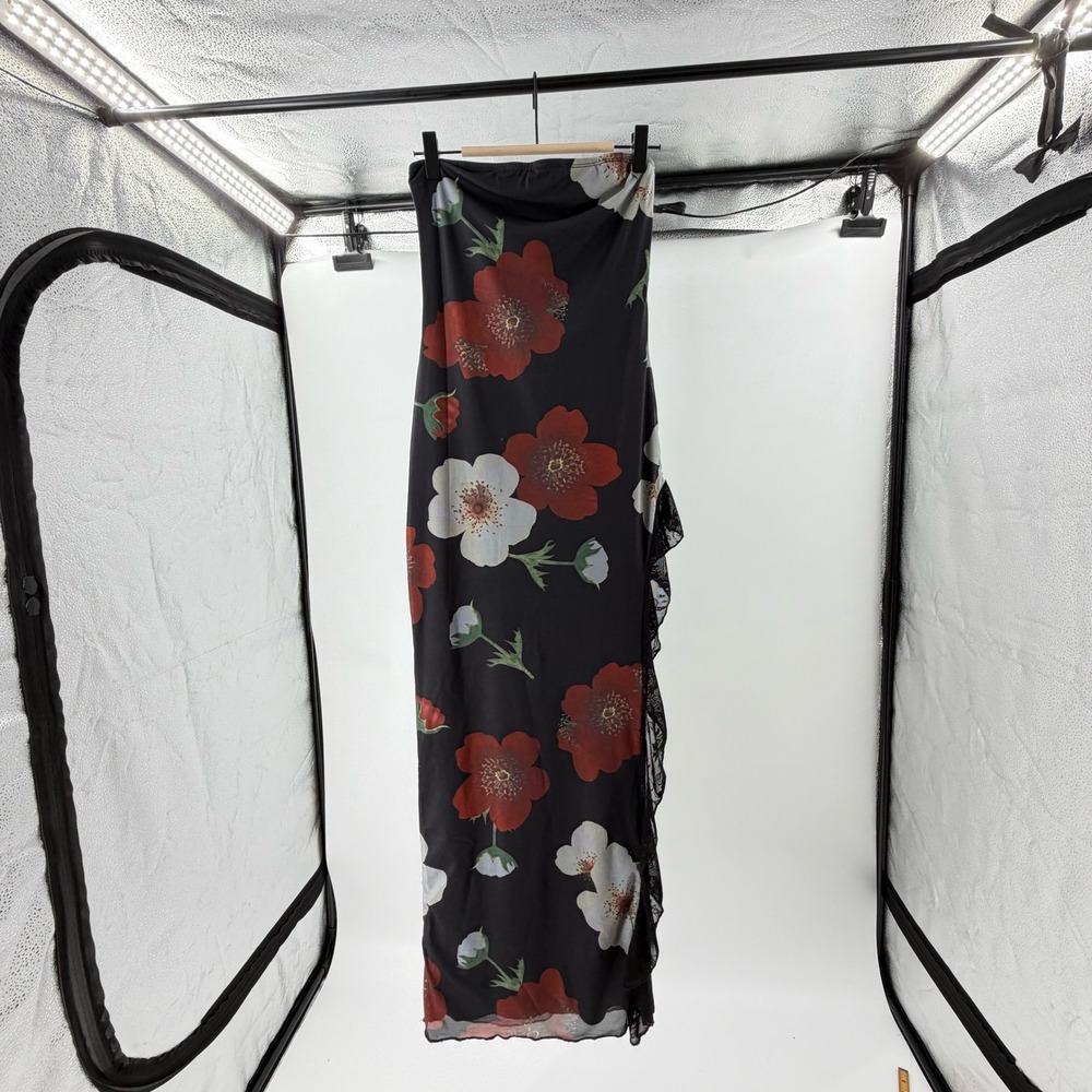 Whimsigoth Floral Strapless Maxi Dress Black Lace Ruffle Slit‎ Mesh Tube Dress
